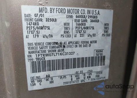 2001 Ford F-150 Harley-Davidson Edition/King Ranch Edition/Lariat/Xlt из США, поврежденный, VIN 1FTRW07L71KC31327